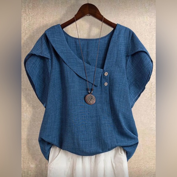 SHEIN Tops - SHEIN Blue Short-Sleeve Asymmetrical Collar Blouse
